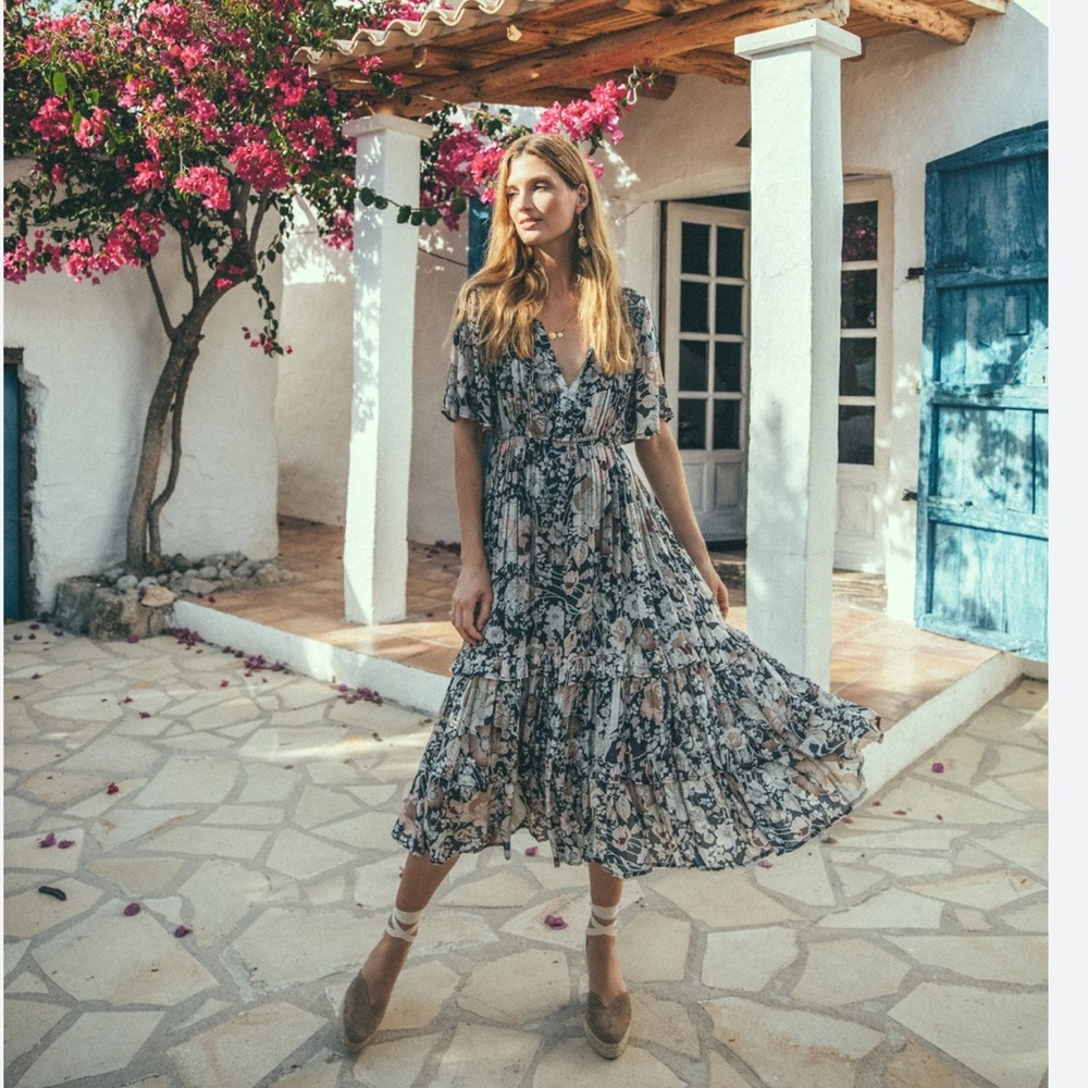 Spell Floral Midi Dress in Navy and Cream
